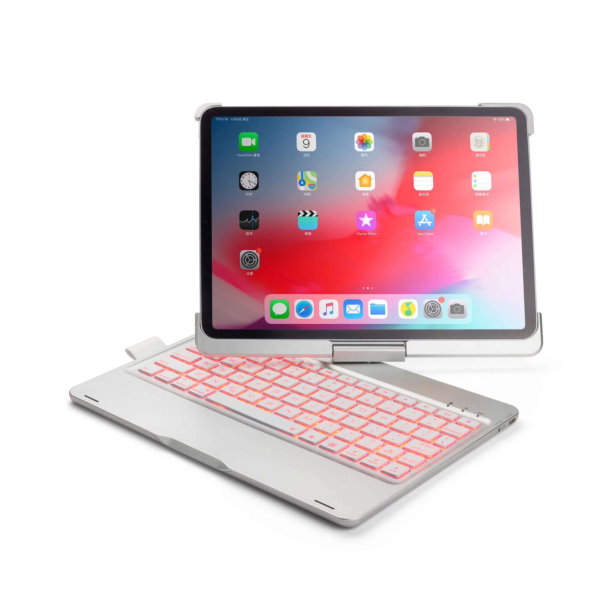 360 Degree Rotation Wireless Bluetooth Keyboard Case for iPad Pro 11 inch 2018 with Colorful LED Backlight
360 Degree Rotation Wireless Bluetooth Keyboard Case for iPad Pro 11 inch 2018 with Colorful LED Backlight