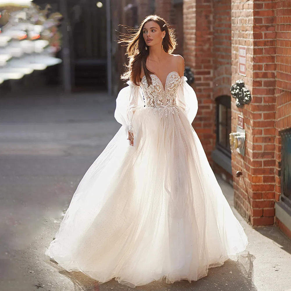 

Aviana Puffy Sleeves Tulle Wedding Dress Princess Sweetheart Neck A-Line Lace Appliques Illusion Beading Backless Bridal Gown