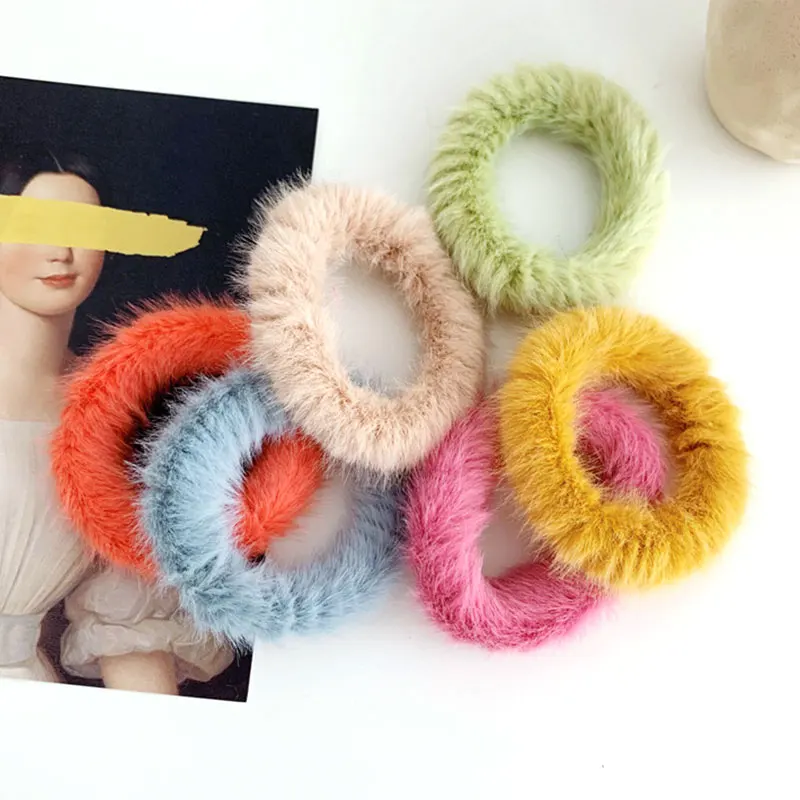 1PC Women Girls Candy Color Soft Faux Fur Scrunchie Fluffy Hair Ring Winter Cute Sweet Rubber Bands Hair Ties Hair Accessories