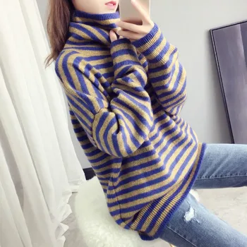 korean Style Women sweater 2019 Autumn casual striped print pullover tops Turtleneck Knit Sweater fashion pull femme 
korean Style Women sweater 2019 Autumn casual striped print pullover tops Turtleneck Knit Sweater fashion pull femme