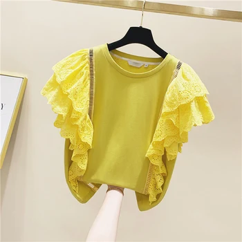 Lace Ruffled Cotton Short Sleeve T-shirt Female Summer Loose Top Girls Ladies All-match Yellow T Shirts Students Tee Ropa Mujer
Lace Ruffled Cotton Short Sleeve T-shirt Female Summer Loose Top Girls Ladies All-match Yellow T Shirts Students Tee Ropa Mujer