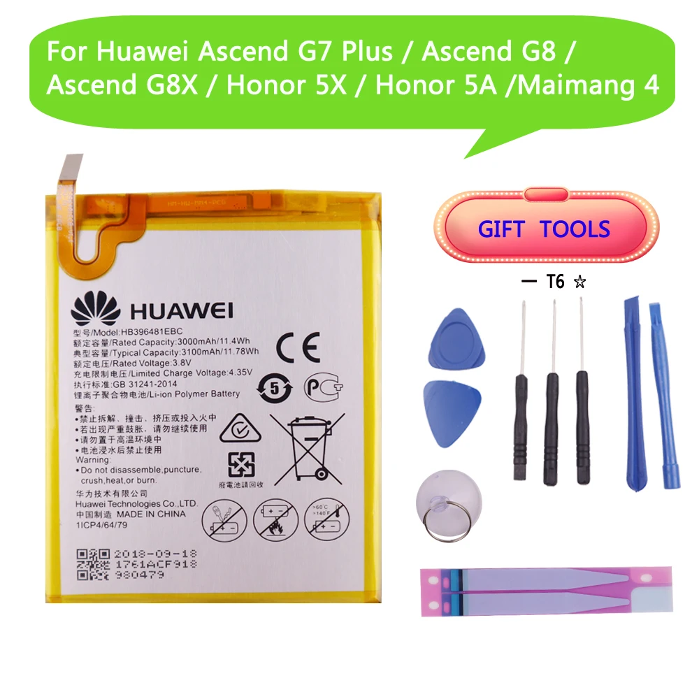 100% Original Replacement HB396481EBC 3000mAh Battery For Huawei Ascend G7 Plus / G8 / G8X / Honor 5A / 5X / Maimang 4 Battery
100% Original Replacement HB396481EBC 3000mAh Battery For Huawei Ascend G7 Plus / G8 / G8X / Honor 5A / 5X / Maimang 4 Battery