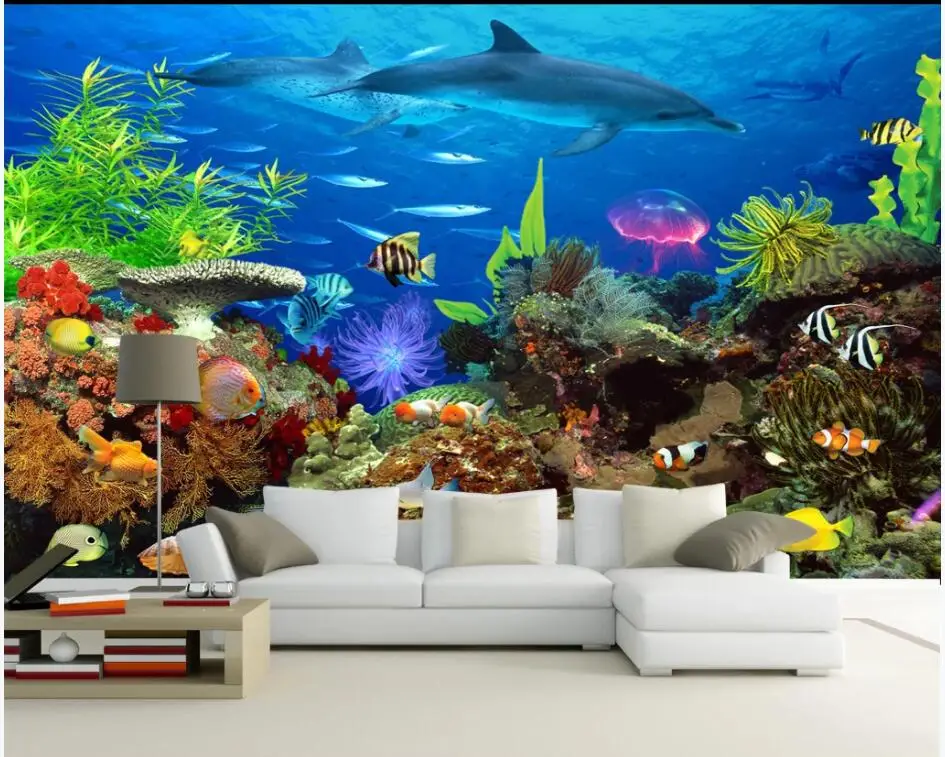 

WDBH Custom mural 3d wallpaper Sea World Dolphin Coral Fish background decor 3d wall murals wallpaper for living room walls 3 d