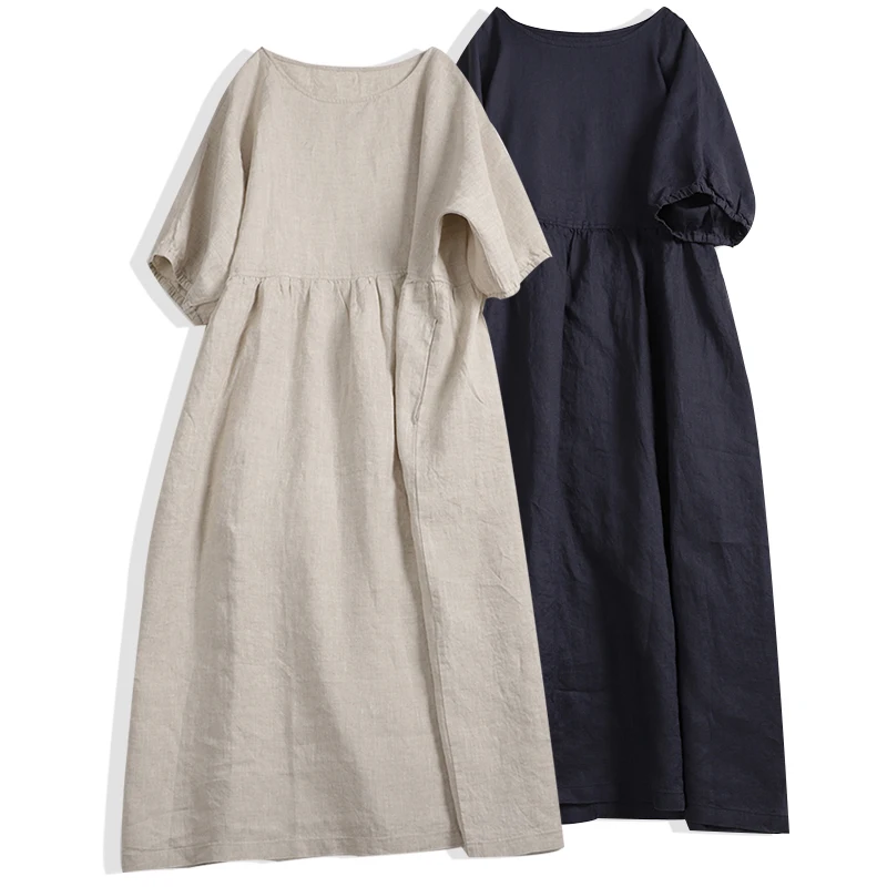 

Linen short-sleeved dress age-reducing cute doll loose cotton women 2020 Xia Xin 9043