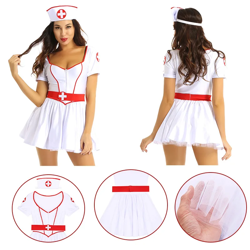 

Women Adults Naughty Nurse Costume Halloween Party Outfit Sweetheart Neckline Short Sleeves Tutu Dress with Headband and Belt