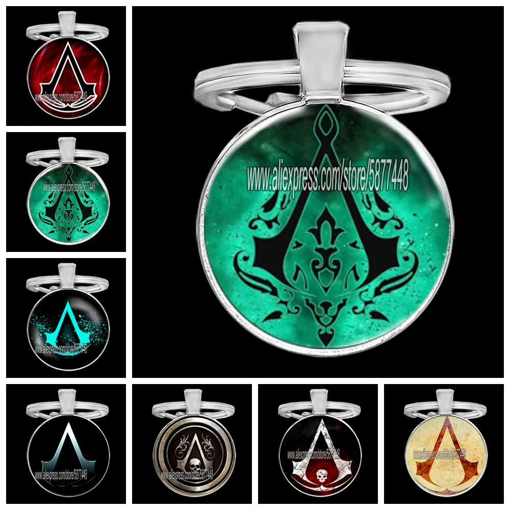 Steampunk Action Game Sign Keychain Gothic Assassin Personality Icon Glass Dome Key Ring Fashion Mens Jewelry | Украшения и