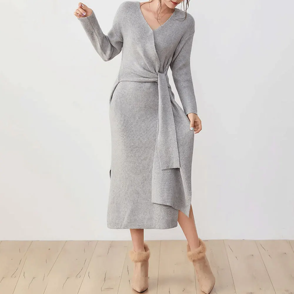 Simple Women Sweater Dress Mid-Calf Long Sleeve V-Neck Plain Lace Up Pullover Dresses Fall Winter Casual Female Knit Dress Chic
Simple Women Sweater Dress Mid-Calf Long Sleeve V-Neck Plain Lace Up Pullover Dresses Fall Winter Casual Female Knit Dress Chic