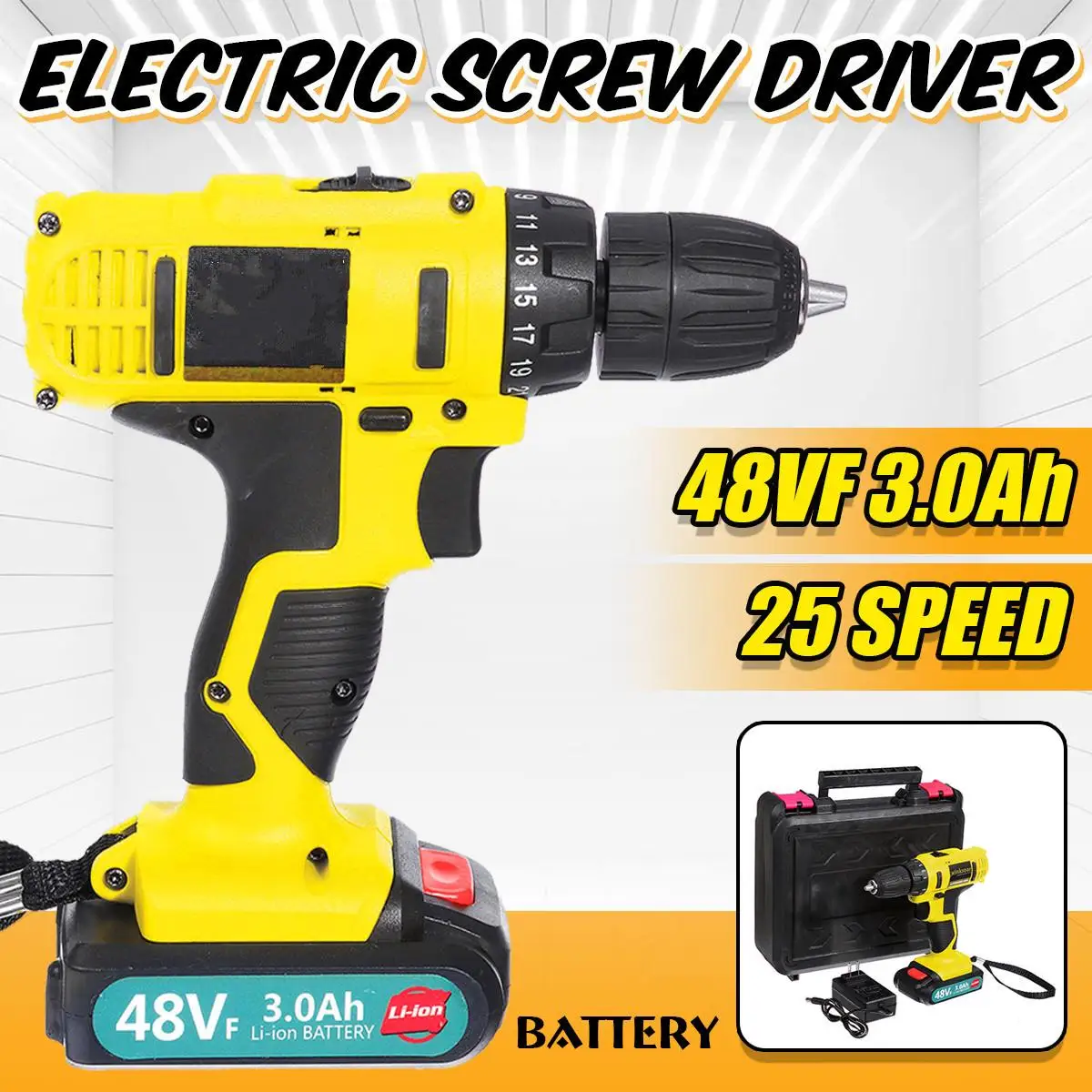 48VF Cordless Electric Screwdriver Cordless Drill Li-Ion Battery Handheld Rechargeable Drill Impact Power Driver LED Lighting
48VF Cordless Electric Screwdriver Cordless Drill Li-Ion Battery Handheld Rechargeable Drill Impact Power Driver LED Lighting