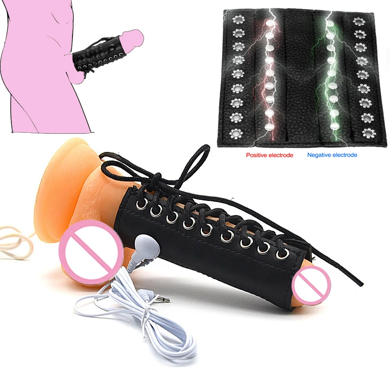 

Electric Shock Leather Penis Sleeve Electro Stimulation Therapy Cock Ring Penis Extender Delay Bondage Ring Sex Toy For Men Gay