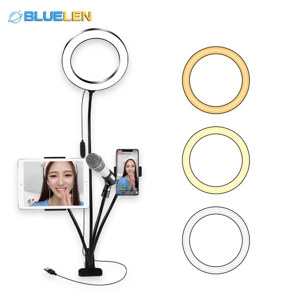 BLUELEN Clamp on table Gooseneck Mount multifunctional double Cell Phone Holder with Dimmable Selfie Ring Light for Live Stream
BLUELEN Clamp on table Gooseneck Mount multifunctional double Cell Phone Holder with Dimmable Selfie Ring Light for Live Stream