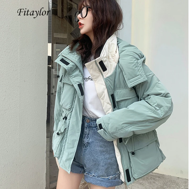 

Fitaylor Winter Hooded 90% White Duck Down Parka Women Hat Detachable Down Short Jacket Overcoat Female Warm Sash Tie Up Outwear