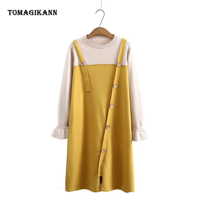 Women Knitted Dresses O Neck Buttons Decorate Split Patchwork Fake Two Piece Dress 2020 Preppy Autumn Winter Sweater Dress
Women Knitted Dresses O Neck Buttons Decorate Split Patchwork Fake Two Piece Dress 2020 Preppy Autumn Winter Sweater Dress