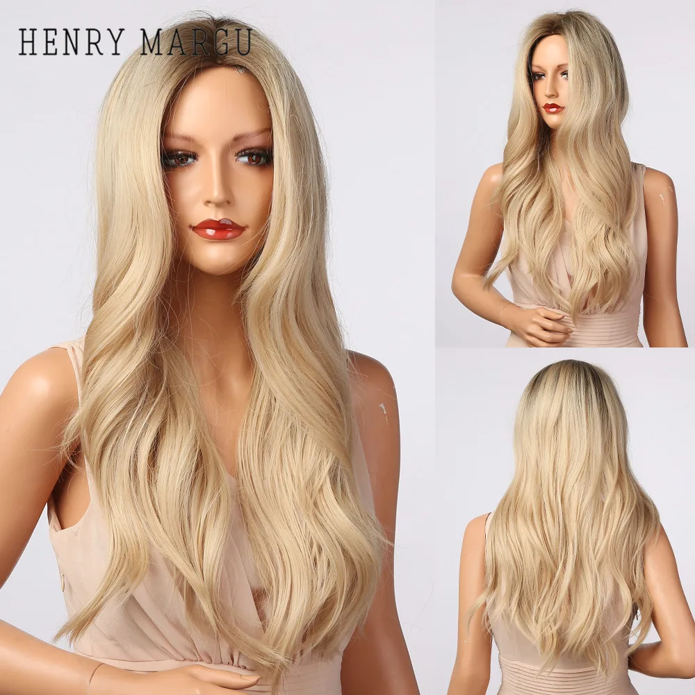 

HENRY MARGU Dark Root Ombre Black Blonde Golden Wigs Long Wavy Synthetic Wig for Women Middle Part Cosplay Wig High Temperature