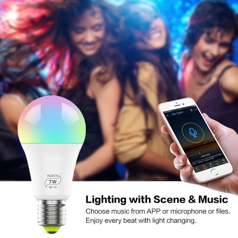 7W E27 Smart bulb wifi RGB led lamp dimmable timer intelligent bulbs work with Google home Alexa music control holiday lighting
7W E27 Smart bulb wifi RGB led lamp dimmable timer intelligent bulbs work with Google home Alexa music control holiday lighting
