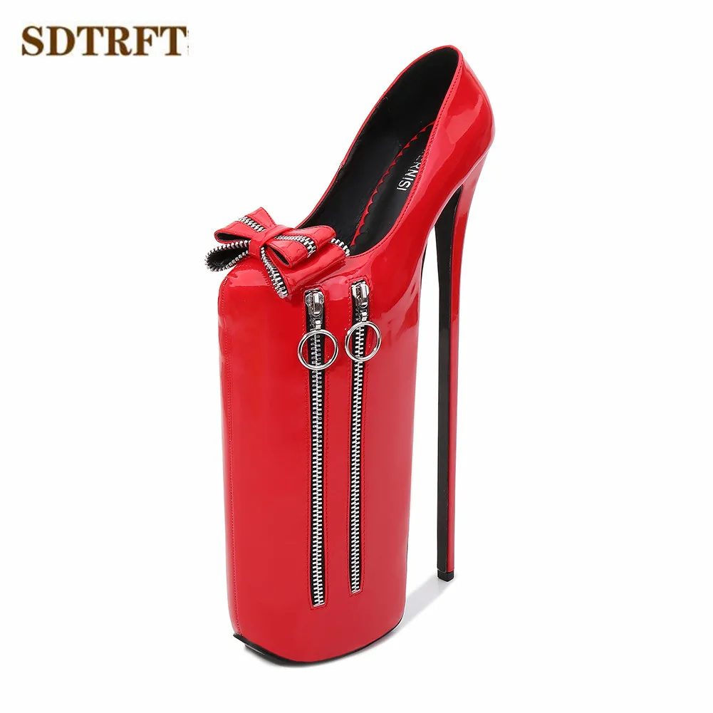 

SDTRFT Lolita Bowtie Uniform Stilettos platforms 30cm Ultra High Thin heels shoes woman Crossdresser Zipper wedding pumps 35-46