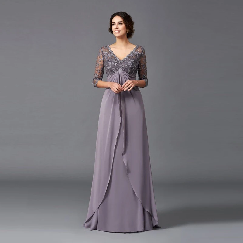 Charming Full Length Lace Top Three Quarter Sleeves Mother of the Bride Dresses Deep V Neckline Pleated Wedding Guest Dress
Charming Full Length Lace Top Three Quarter Sleeves Mother of the Bride Dresses Deep V Neckline Pleated Wedding Guest Dress