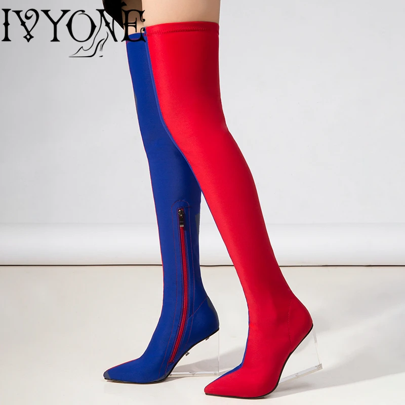Mixed Color Women Over the Knee Boots Elastic Fabric Transparent Wedge Boots Ladies Autumn Pointed Toe Fashion Long Thigh Boots
Mixed Color Women Over the Knee Boots Elastic Fabric Transparent Wedge Boots Ladies Autumn Pointed Toe Fashion Long Thigh Boots