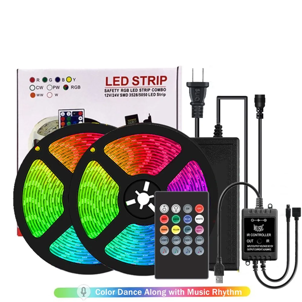Фото LED Strip Lights 5M RGB Light 5050 Tape Color Changing Flexible with Music Remote Controller | Лампы и освещение