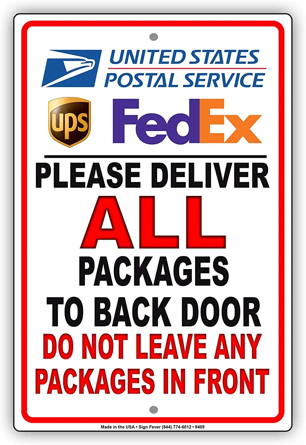 Please Deliver All Packages to Back Door Do Not Leave Any Packages in Front Metal Aluminum Sign 8x12
Please Deliver All Packages to Back Door Do Not Leave Any Packages in Front Metal Aluminum Sign 8x12