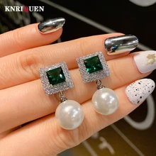 

Charms 925 Sterling Silver 12mm Pearl 7*7mm Emerald Drop Earrings for Women Elegant Party Wedding Fine Jewelry Anniversary Gifts