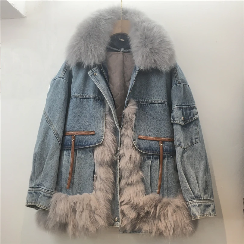 

Denim parka for women mid-length patchwork fur coat real fox fur collar fur jacket 2023 new winter outerwear hipster streetwear