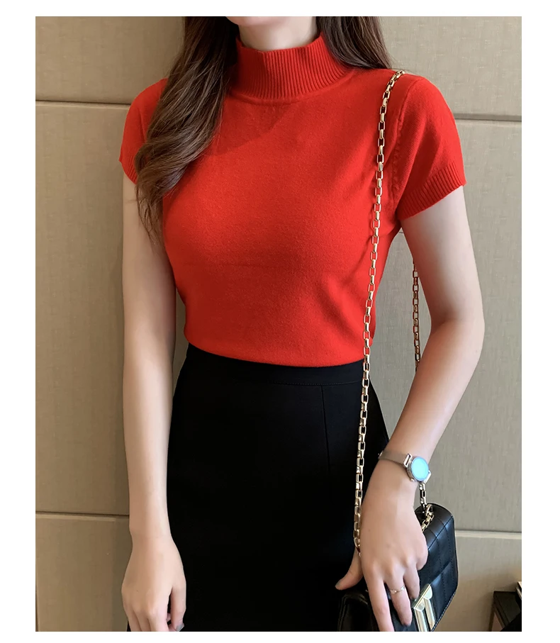 HELIAR Women Knitted T-shirts Turnelneck Tees Plain Solid Knitted Short Sleeve T-shirts 2020 Summer Casual O-neck T-Shirts Women