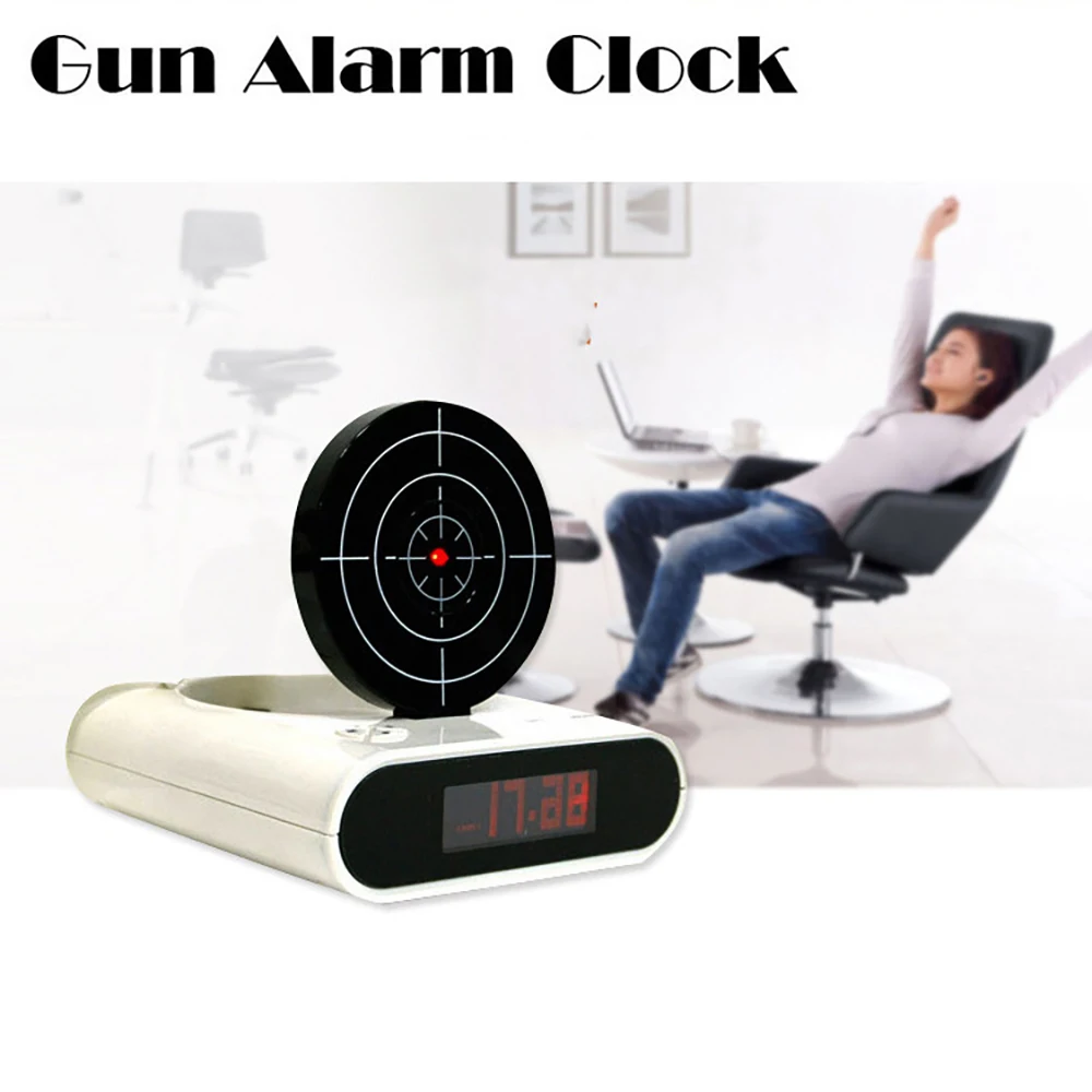 

New 2021 Electronics Desk Clock Digital Gun Alarm Clock Gadget Target Laser Shoot For Children's Alarm Clock Table Awakening