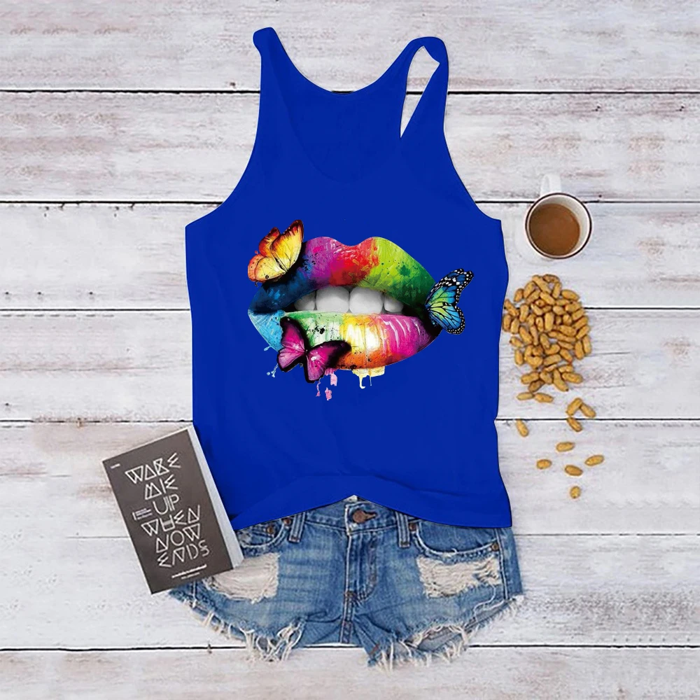 Multicolored Lips Butterflies Printed Women Tank Top JKP4760