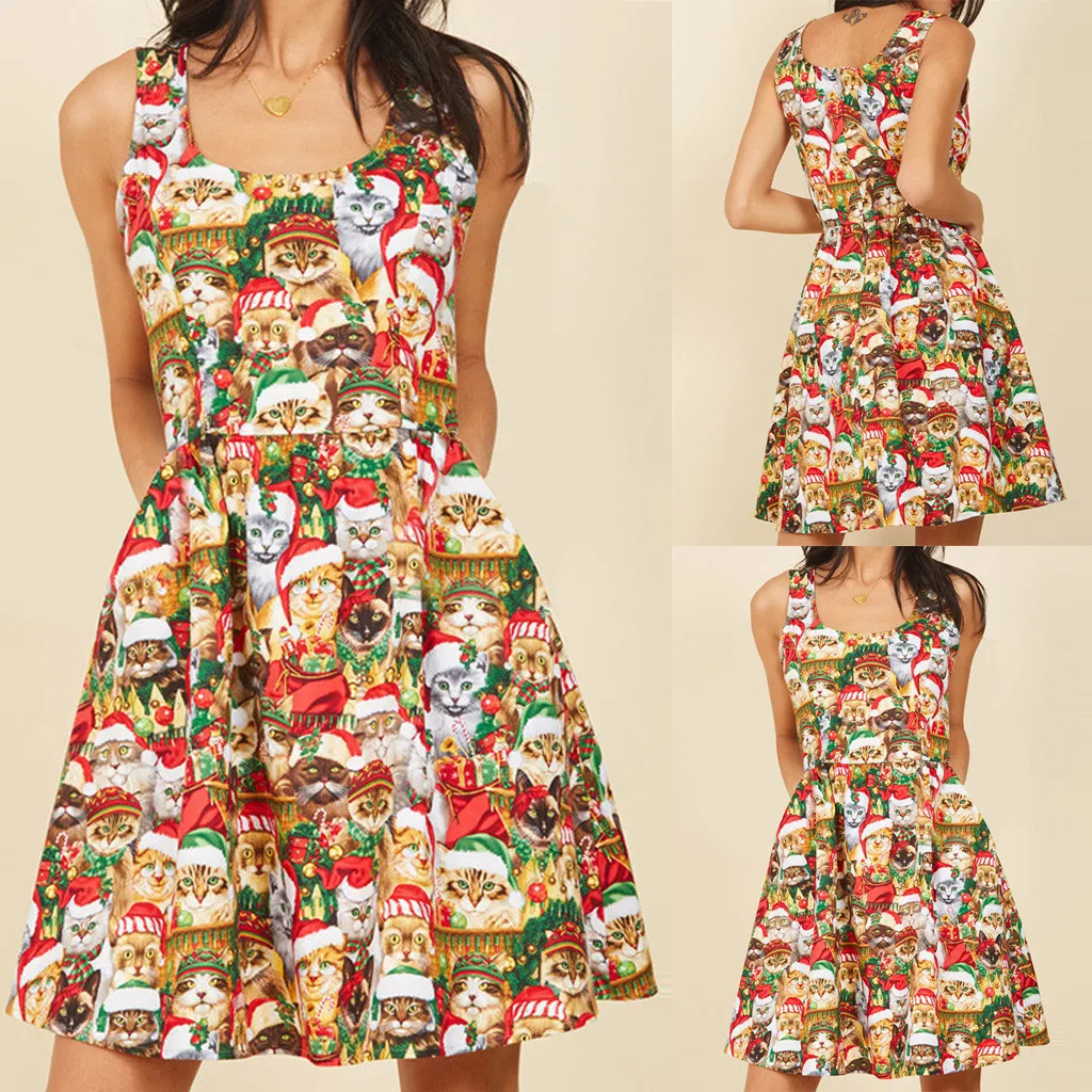 Floral Print Women Mini Dress Vintage O-Neck Summer Autumn Dress Cat Christmas Hat Printed Christmas Sleeveless Dress Vestidos
Floral Print Women Mini Dress Vintage O-Neck Summer Autumn Dress Cat Christmas Hat Printed Christmas Sleeveless Dress Vestidos