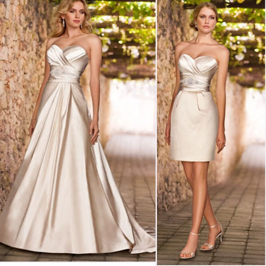 

New 2 In 1 Bridal Gowns Satin Sheath Short Skirt Detachable A-line Wedding Dress Vestido De Noiva Sleeveless Bridal Dresses 2021