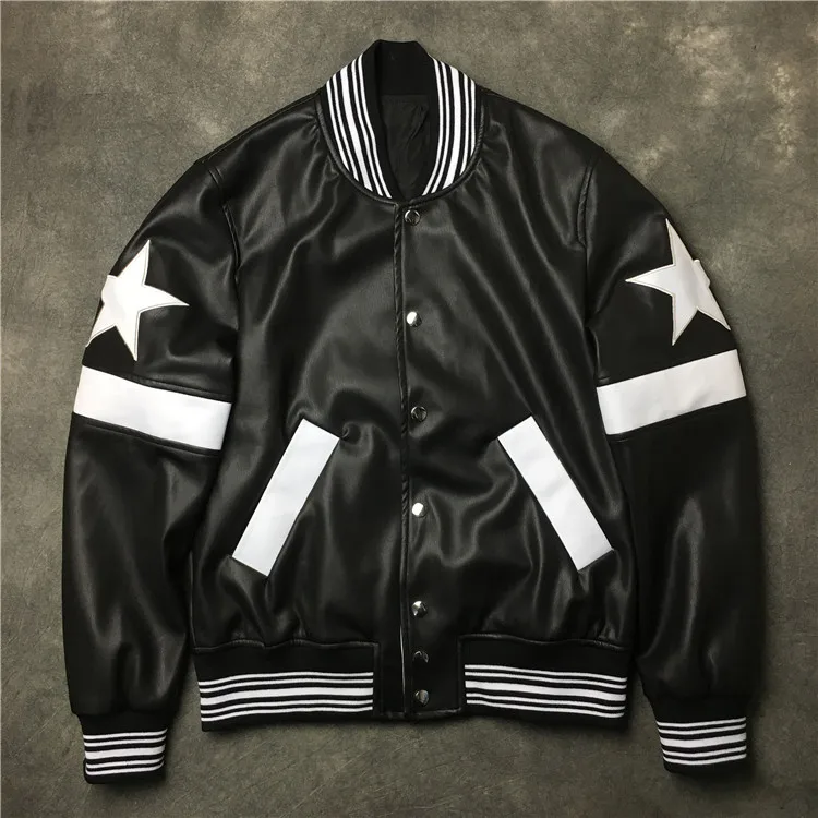 Men New Rib 19ss Sleeve PU leather embroidery stars zipper couple Baseball Coats & Jackets Abstract digital coat Motor #E71 | Мужская