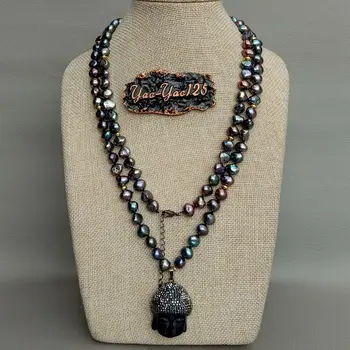 41" Cultured Black Baroque Pearl Necklace Black Buddha Pendant 
41" Cultured Black Baroque Pearl Necklace Black Buddha Pendant