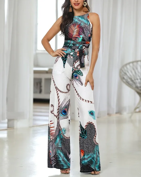 

Spaghetti Strap Peacock Print Jumpsuit 2020 Summer Printed Long Overalls Playsuit Beach Wide Leg Pants Romper S-XL