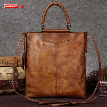 

Women Handbag Female Shoulder Messenger Bag Large Capacity Vintage Bags Cowhide Leather Retro 2020 New Cow Leather Silt Pocket