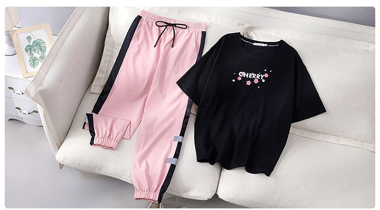 New 2020 Summer Womens Clothes Suit Casual Sports Two Pieces Set Flower Letter Print T-shirts + Elastic Waist Pants Tracksuit