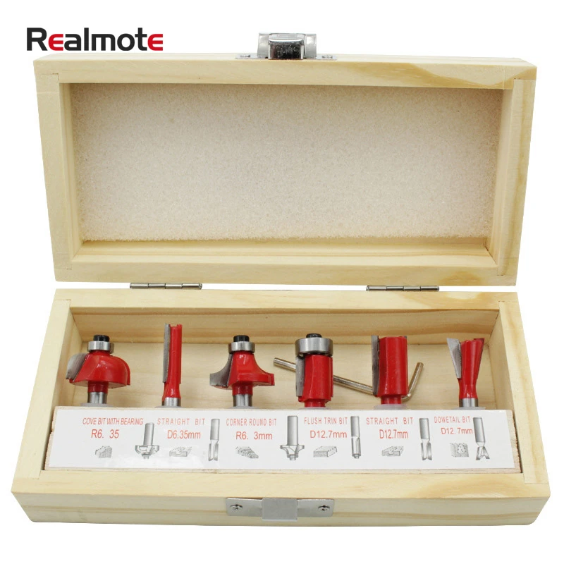 Realmote 6pcs 6.35mm Shank Tungsten Carbide Tipped Milling Cutter Wood Router Bit Set Bearing Woodworking Tool Box
Realmote 6pcs 6.35mm Shank Tungsten Carbide Tipped Milling Cutter Wood Router Bit Set Bearing Woodworking Tool Box