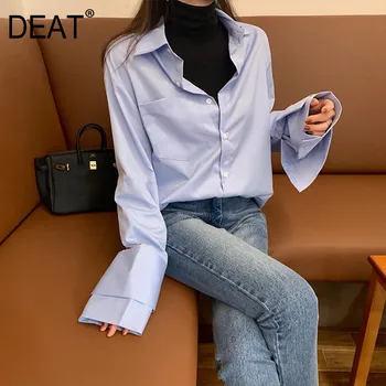 DEAT 2020 new early autumn fashion turn-down collar flare sleeves blue color single breasted shirt female blouse WN36905M 
DEAT 2020 new early autumn fashion turn-down collar flare sleeves blue color single breasted shirt female blouse WN36905M