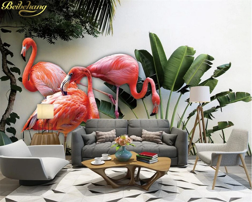 

beibehang Custom 3d wallpaper mural Nordic minimalistic tropical plant banana leaf 3D flamingo background wall papel de parede