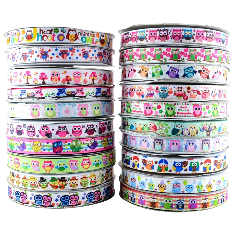 

20 Yards Mixed Cute Owl Designs 7/8" 22mm Polyester Printed Grosgrain Ribbon For Hai Bows DIY Craft Material Cartoon Character