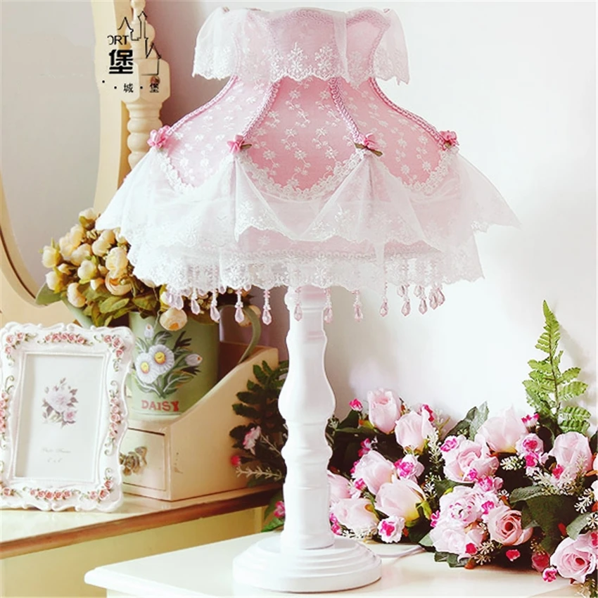 Korean Lace Fabric Shade Table Lamps Field Pink Princess Bedroom Bedside Lights Wedding Study Living Room Desk Lighting | Лампы и