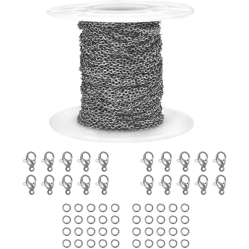 

33 Feet Stainless Steel Silver Chain Link Cable, Including 20 Lobster Clasps and 40 Jump Rings for Men Women Craft Pendant Neckl