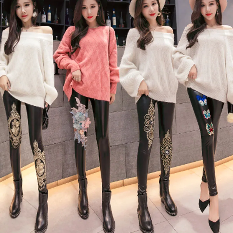 Fashion PU Leather Embroidery Pants Women Elastic Sequin Trousers Plus Size Winter Thin Slim Pencil High Waist Leggings Sping
Fashion PU Leather Embroidery Pants Women Elastic Sequin Trousers Plus Size Winter Thin Slim Pencil High Waist Leggings Sping