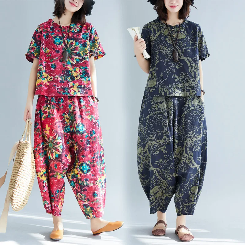 Ethnic-Style Photo Shoot Summer New Style Retro Cotton Linen Printed Large Size Two-Piece Set Tops + Loose Pants
Ethnic-Style Photo Shoot Summer New Style Retro Cotton Linen Printed Large Size Two-Piece Set Tops + Loose Pants