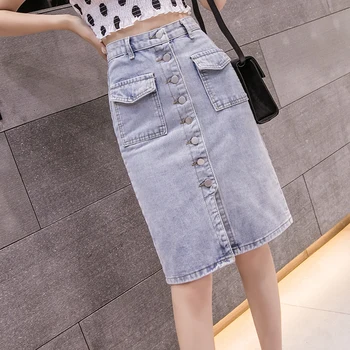 Summer Korea Skirt Ladies Was Thin Pockets Women Jeans Skirts Chic Long Single Button A-Line Knee Denim Skirt
Summer Korea Skirt Ladies Was Thin Pockets Women Jeans Skirts Chic Long Single Button A-Line Knee Denim Skirt