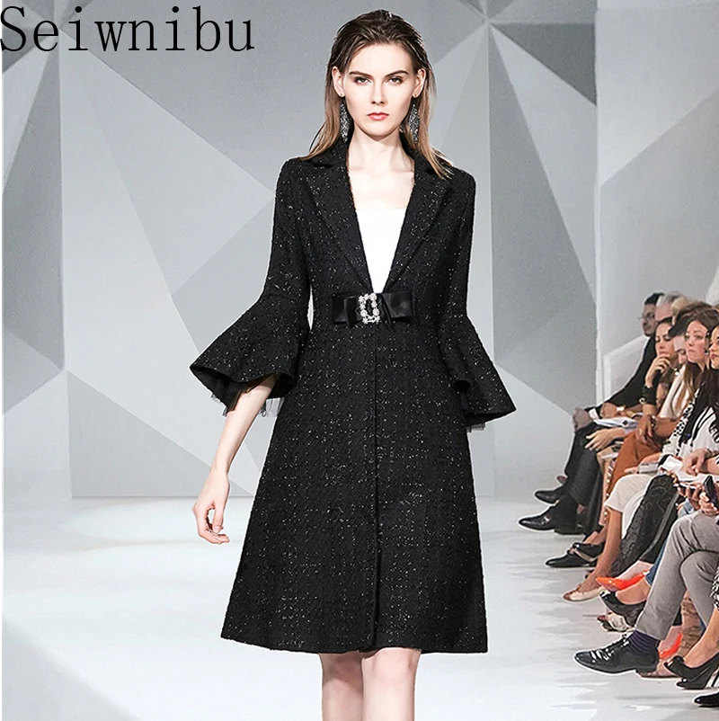 Брендовая женская твидовая черная зимняя верхняя одежда Seiwnibu Женское шерстяное