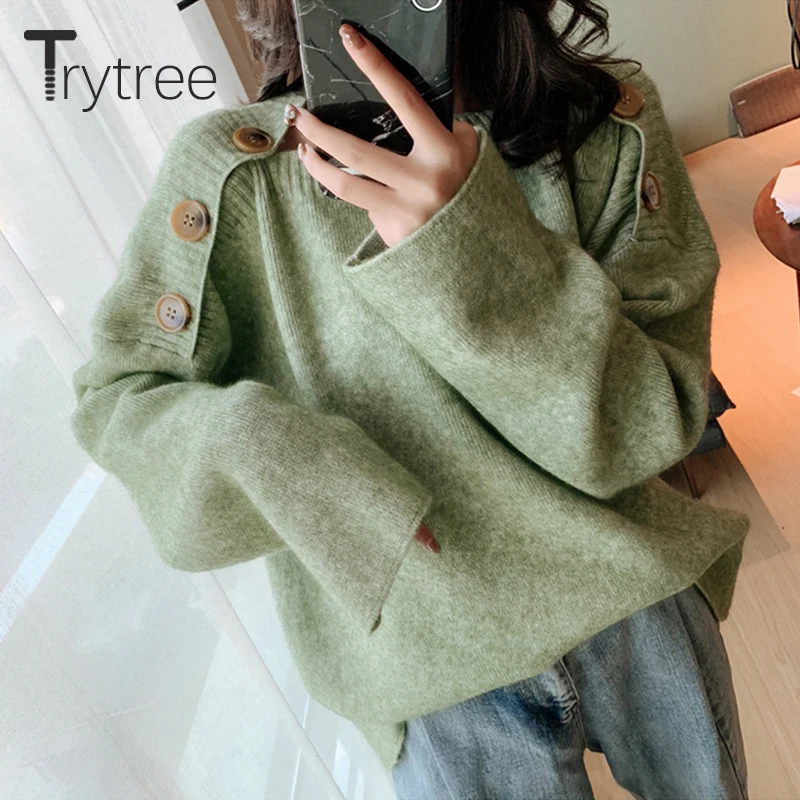 Осень-зима 2020 Женский Повседневный свитер Trytree с воротником-лодочкой однотонный