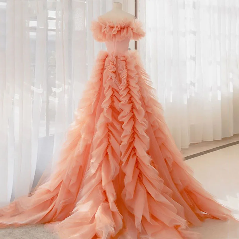 Orange Mesh Evening Dresses Off Shoulder Short Sleeves Tiered Ruffle Custom Made Prom Gowns Back Zipper Formal Party | Свадьбы и