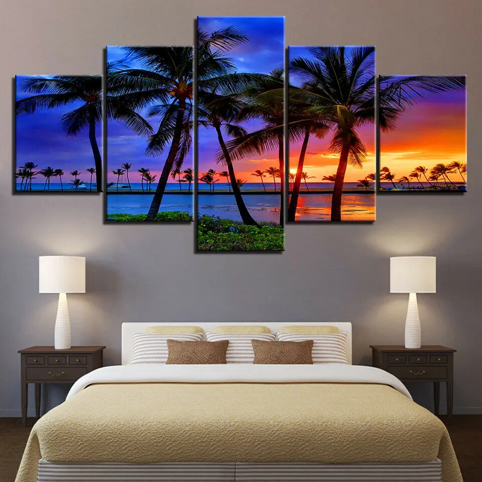 

No Framed Canvas 5Pcs Seascape Palm Trees Sea Beach Blue Ocean Fall Art Posters Pictures Home Decor Paintings Decorations