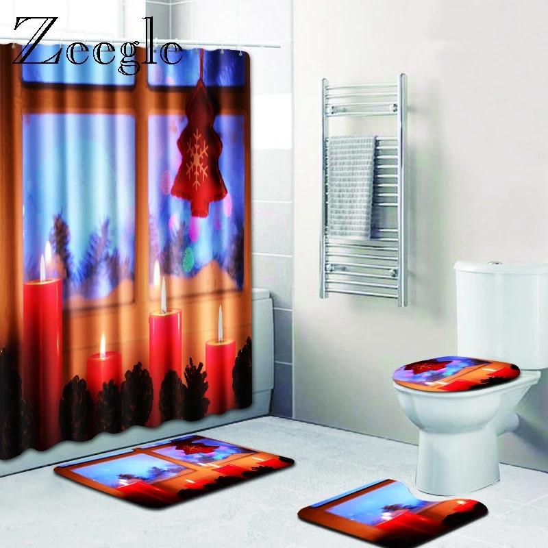 Zeegle Christmas Bath Mat with Shower Curtain Set Toilet U Type Seat Cover Washable Rug Bathroom | Дом и сад