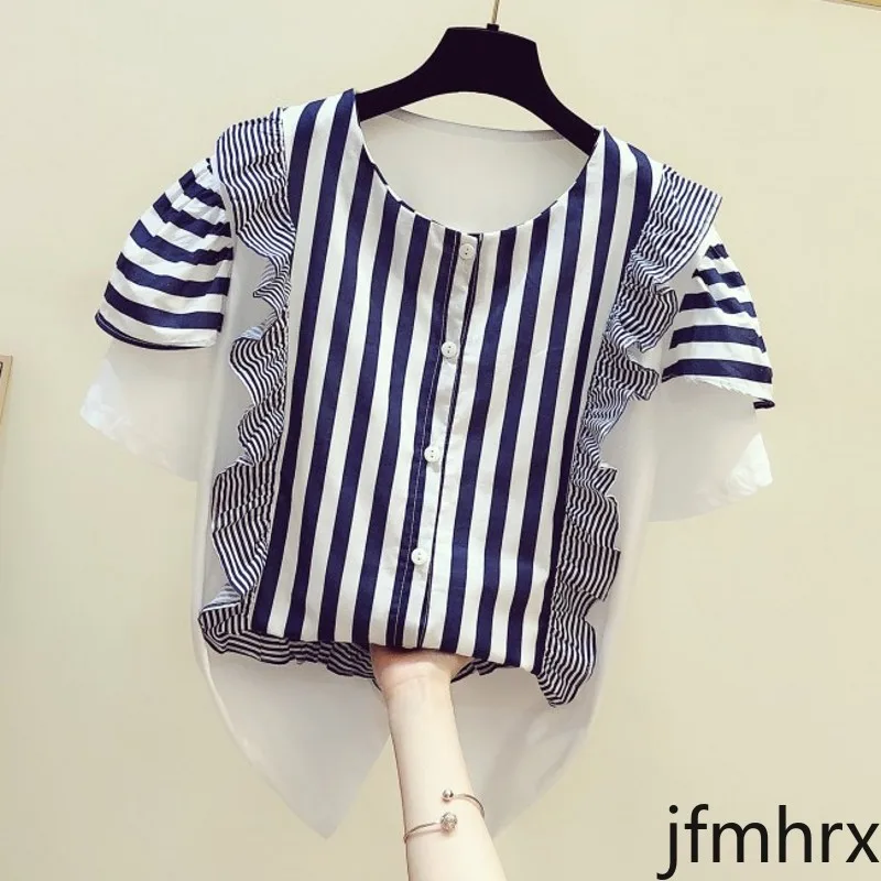 Stripe Shirt Women 2020 Summer New Korean Fashion Temperament Striped Ruffled Splicing Short Sleeve Blouse Female Tops
Stripe Shirt Women 2020 Summer New Korean Fashion Temperament Striped Ruffled Splicing Short Sleeve Blouse Female Tops